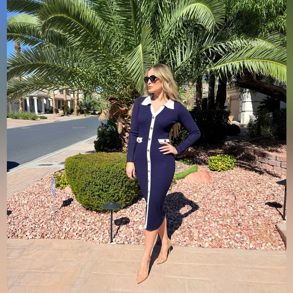 Dresses & Skirts - 228 ‘Alex’ Elegant Navy Blue Button-Up Dress